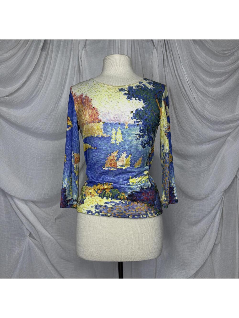 Vintage Indie Boho Bellissima Scenic Print Long Sleeve Top (M)